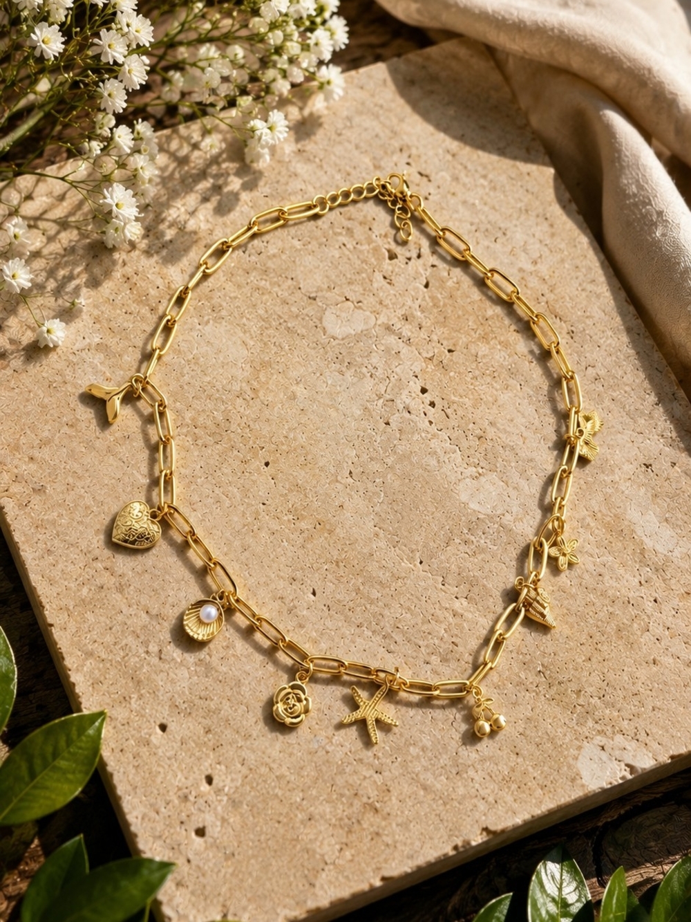 Gold Coastal Charm Necklace 19" Starfish Shell Heart Charm Chain  Summer Jewelry